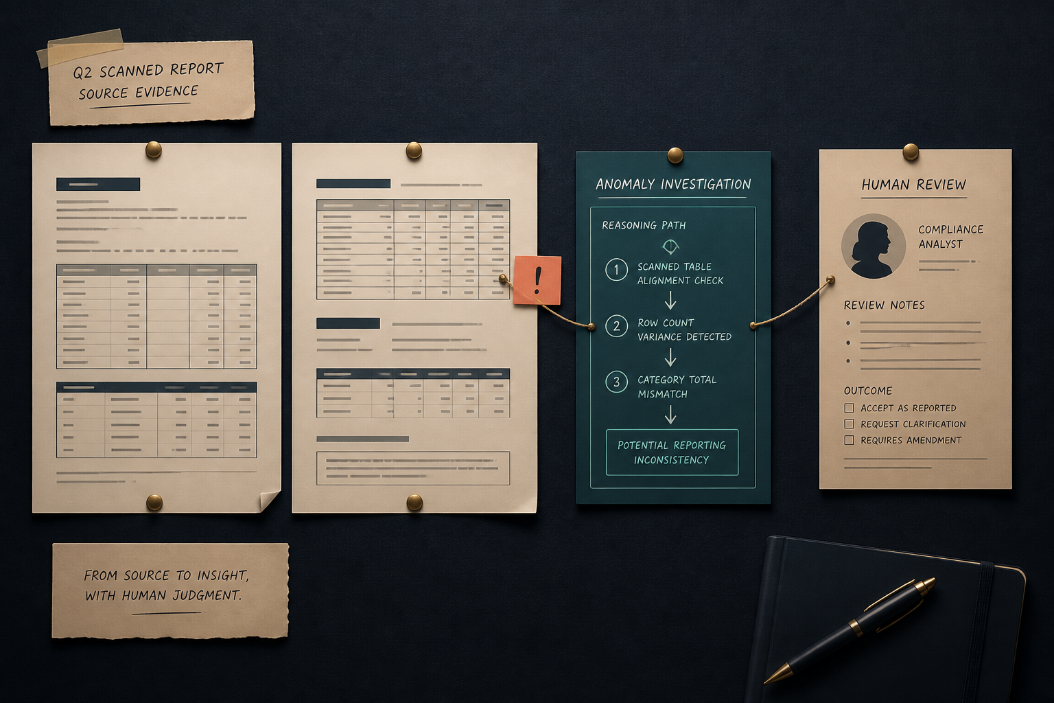 A fictional quarterly report case board with anomaly flag and human compliance review