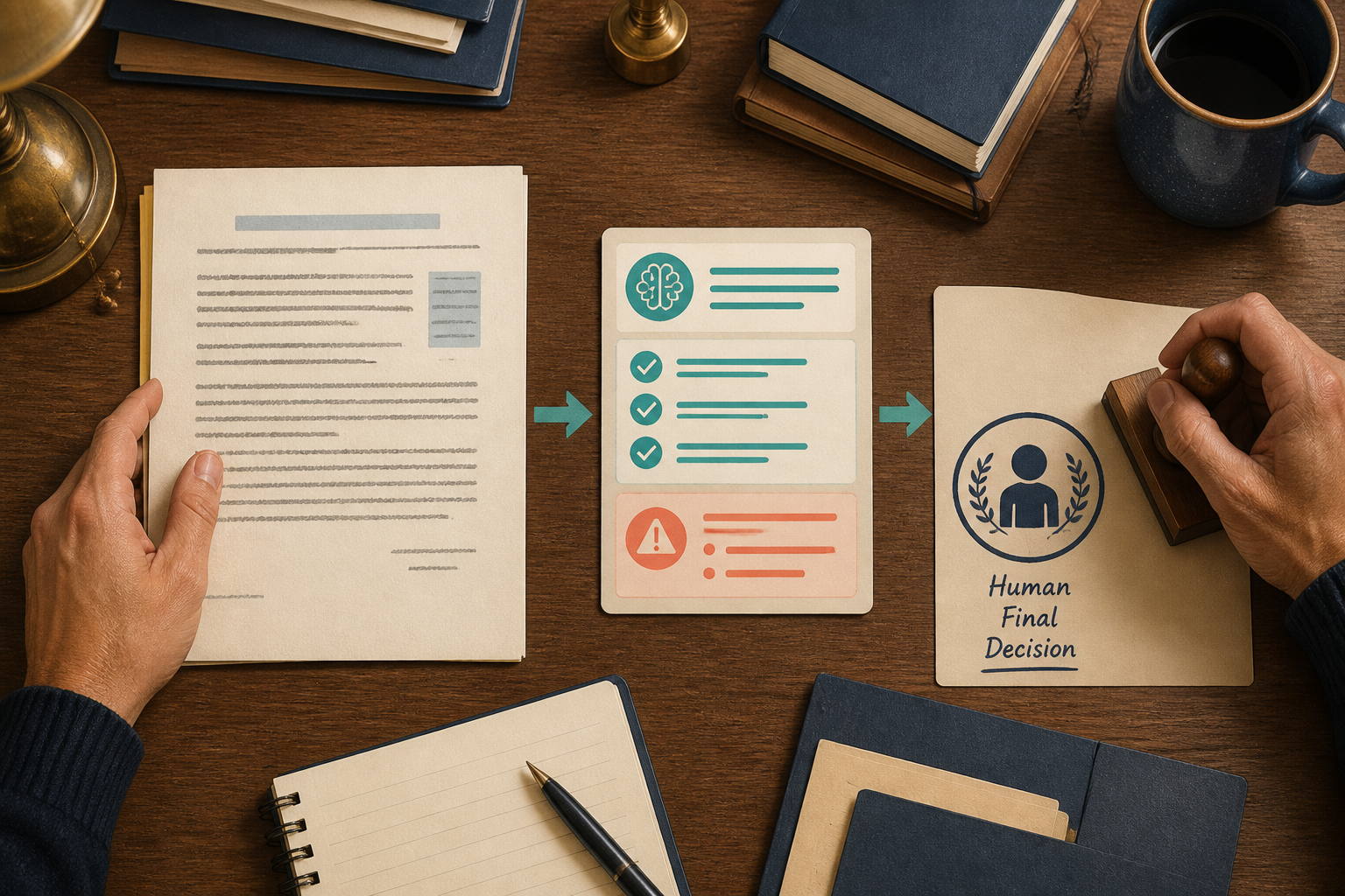 An AI analysis card and source document arriving at a human reviewer desk