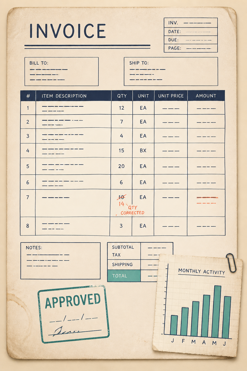 A fictional scanned invoice fragment with handwritten correction, approval stamp, and chart