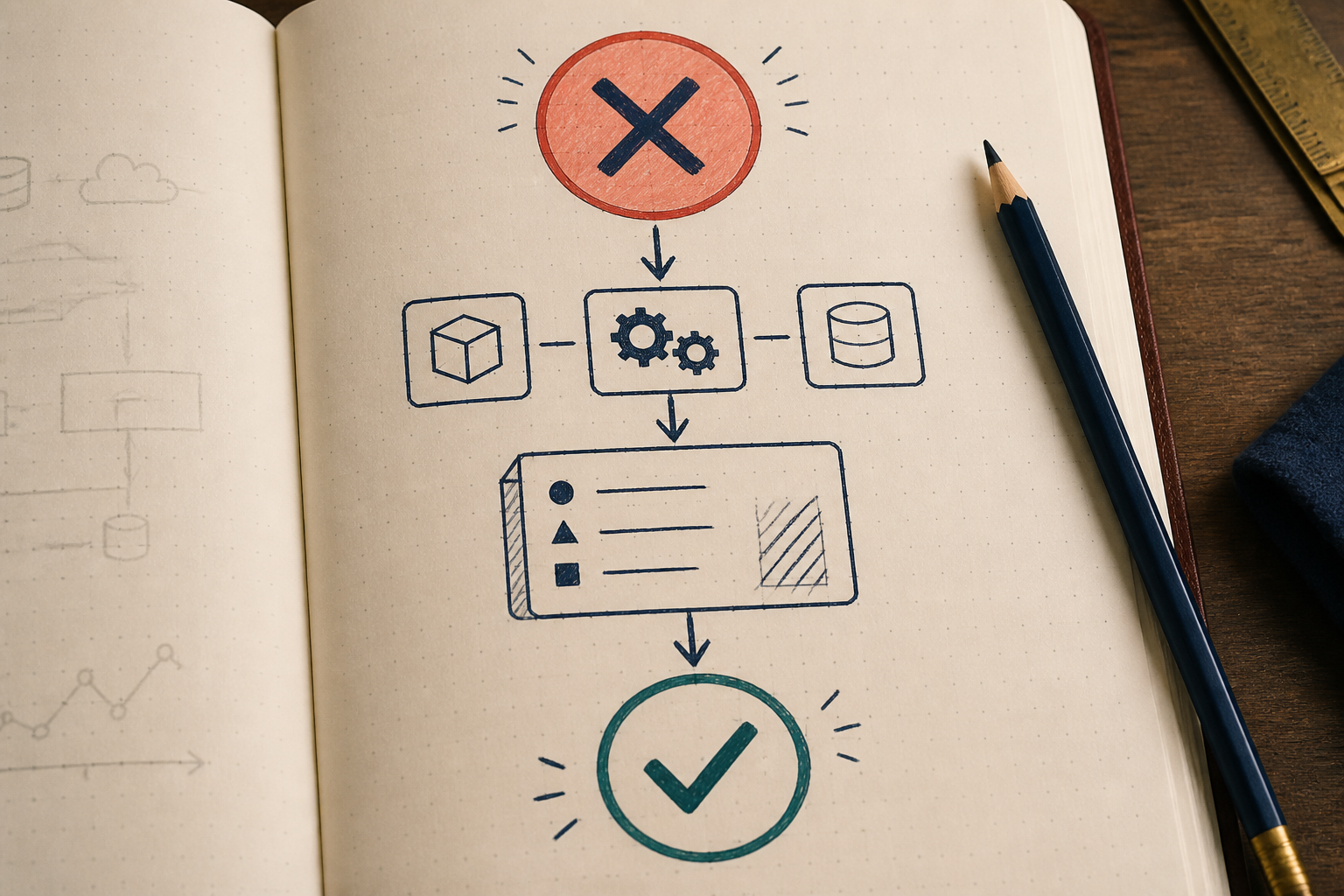 An annotated engineering notebook with build-error dependency arrows and verified repair path